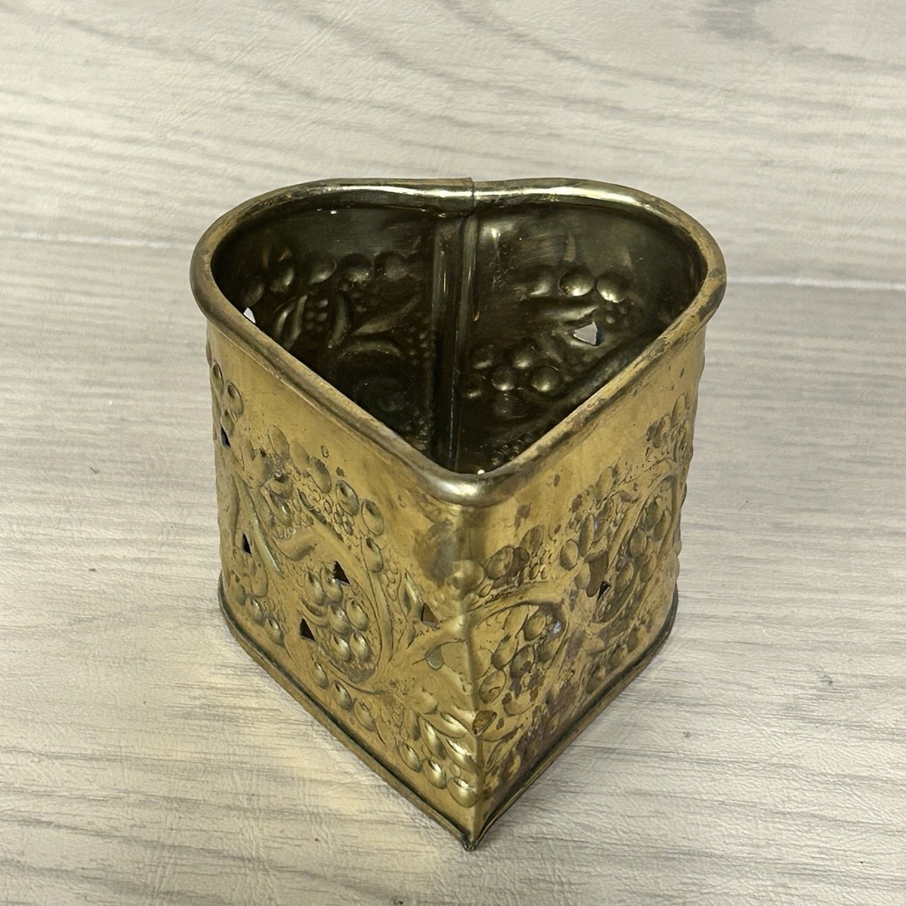 Vtg Heart Triangle Brass Cutout Candle Votive Holder Pot 3.5" X 3 Oils Trinket
